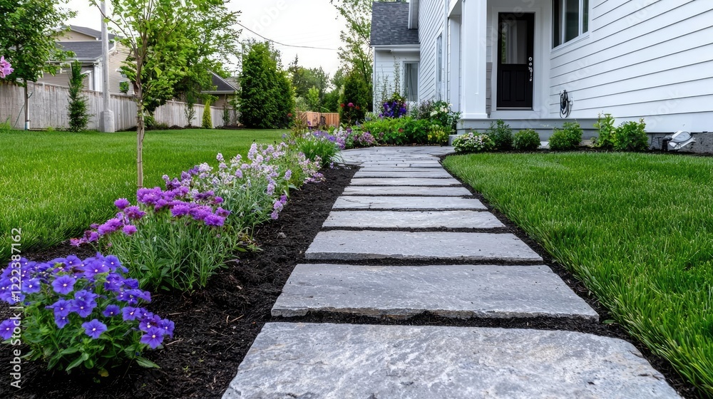 Stone pathway garden landscaping, suburban home. Use Real estate, gardening