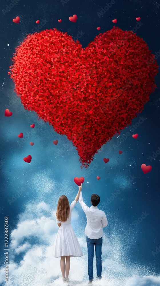 Obraz premium Couple reaching for a giant heart made of small hearts on valentine's day