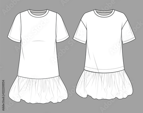 Vector mini bohemian dress fashion CAD, woman flared short tee dress technical drawing, template, sketch, flat, mock up.Jersey or woven fabric mini 2 pcs set T-shirt dress with front view, white color