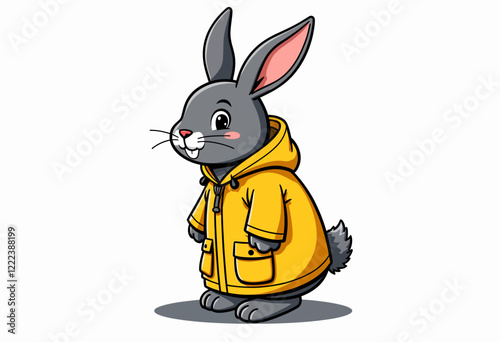 Bunny Rain Jacket Icon, Simple Black Line Art, Rabbit Character Symbol, Vector Illustration for Weather Apps, Children's Education Materials, and Graphic Designs, Clean White Background.

