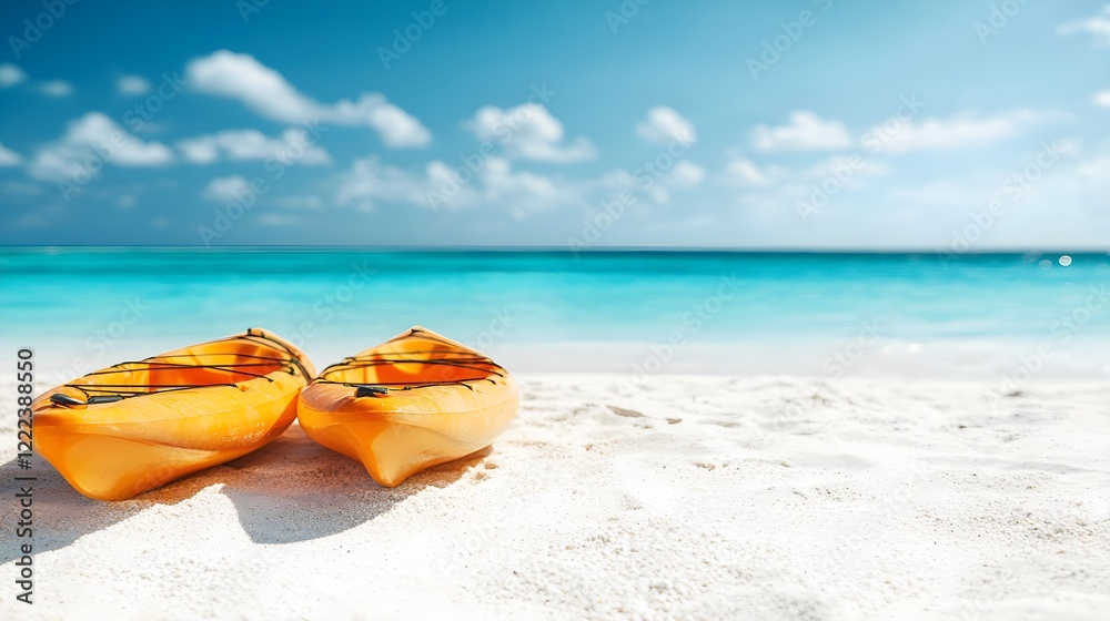 Bright Orange Kayaks Resting on White Sand Beach with Calm Ocean Bright Orange Kayaks Resting on White Sand Beach with Calm Ocean