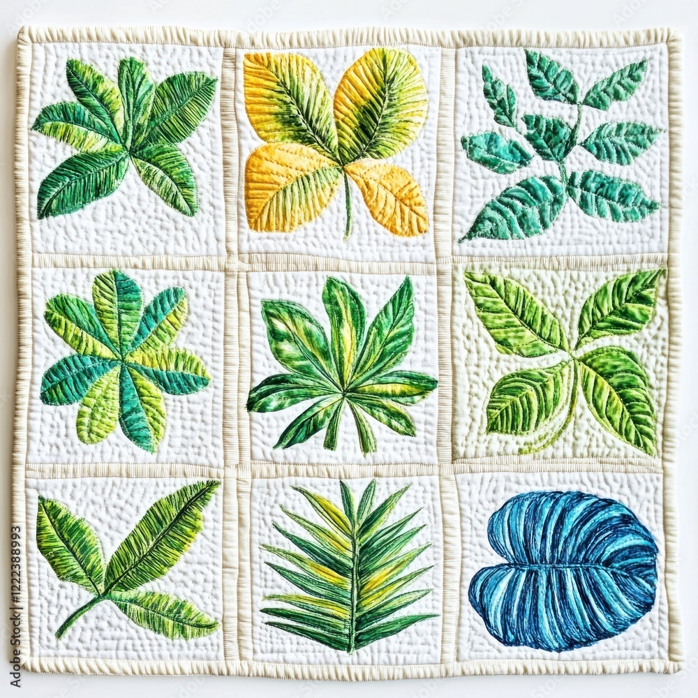 Naklejka premium Tropical leaf quilt art; nature's beauty; home decor