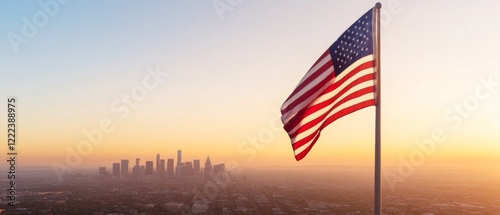 Modern Urban Patriotism Glass-Wrapped Skyscrapers with Waving American Flag at Dawn - Architectural Marketing and Urban Development Promotion photo