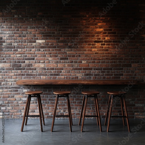 Minimalist wooden bar with stools against a textured brick wall in warm lighting.