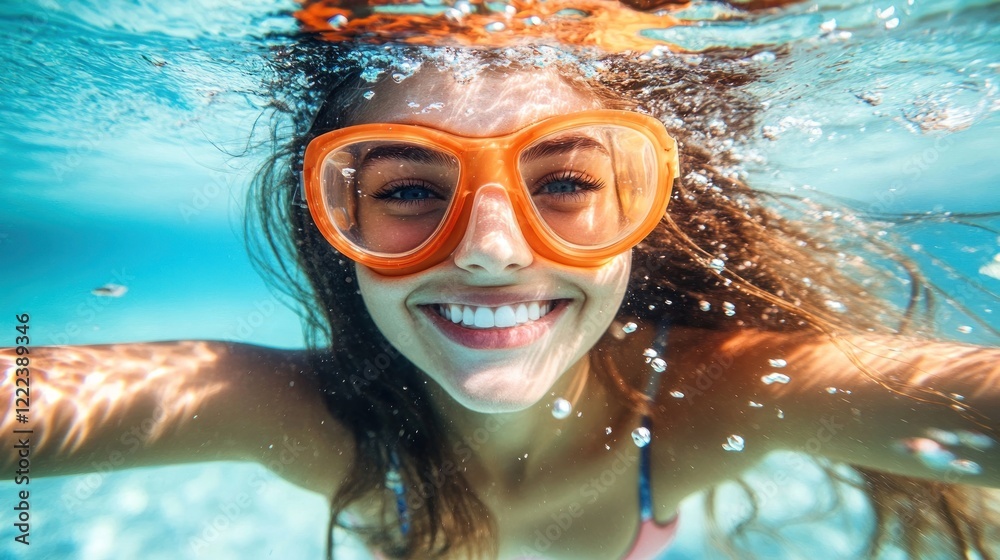Naklejka premium Young woman enjoys swimming underwater, wearing orange goggles and smiling brightly in a pool