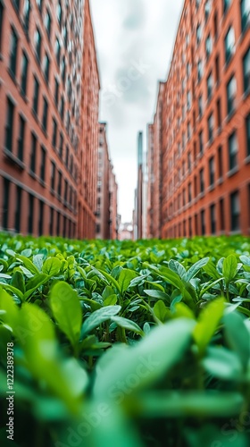 A lush green area flanked by brick buildings, showcasing nature's resilience in an urban environment.