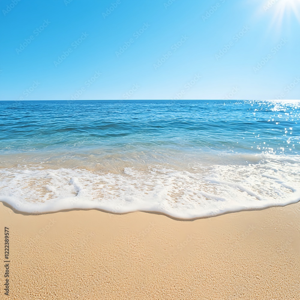 Tranquil Beach Scene with Gentle Waves and Clear Blue Sky Tranquil Beach Scene with Gentle Waves and Clear Blue Sky