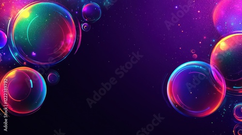 Colorful soap bubbles drift against a dark background, displaying vivid reflections and patterns