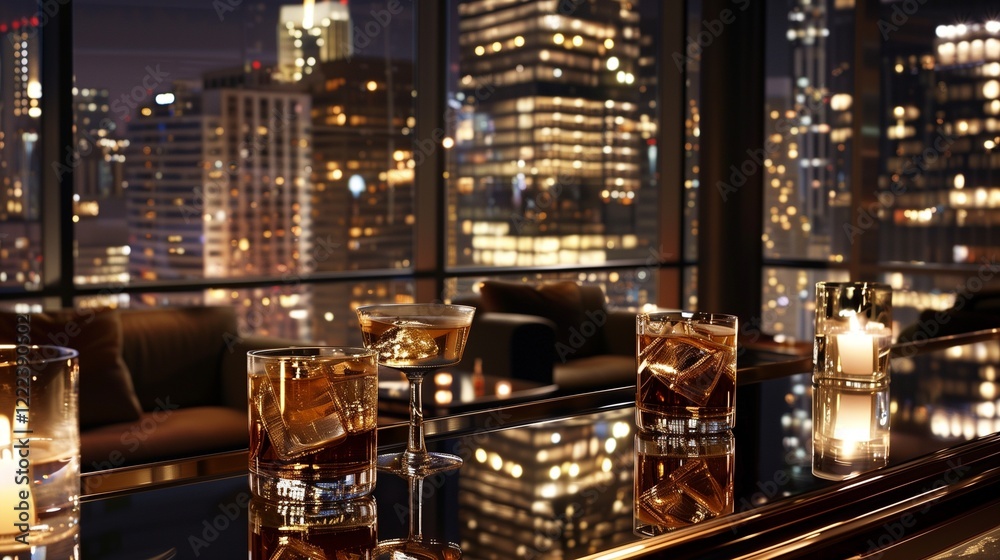 An upscale lounge with cocktails served in elegant glassware, placed on a mirrored bar counter reflecting the city skyline 4 An upscale lounge with cocktails served in elegant glassware, placed on a mirrored bar counter reflecting the city skyline 4