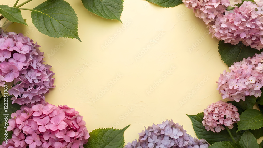 Soft Yellow Background with Hydrangea Patterns for Friendly Designs. Perfect for: summer events, spring celebrations, casual greetings Soft Yellow Background with Hydrangea Patterns for Friendly Designs. Perfect for: summer events, spring celebrations, casual greetings