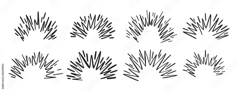Cartoon doodle line hand drawn boom effect set. comic bomb explosion. energy hit, crash with sparks. Power action elements 