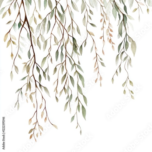 Hanging branches, green leaves, white background, nature design, wall art