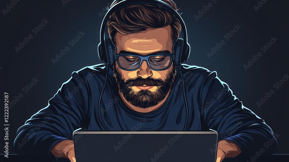 Young man with glasses and a beard intently using a laptop in low light wearing headphones Young man with glasses and a beard intently using a laptop in low light wearing headphones