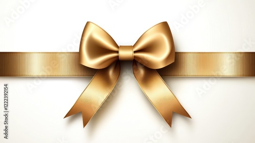 A beautiful gold bow with intricate details sits on a ribbon against a soft background photo