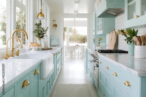 Obraz na płótnie a modern coastal kitchen with soft aqua cabinets, white marble countertops, brass fixtures, and natural light streaming through large windows, creating a fresh, airy atmosphere w salonie
