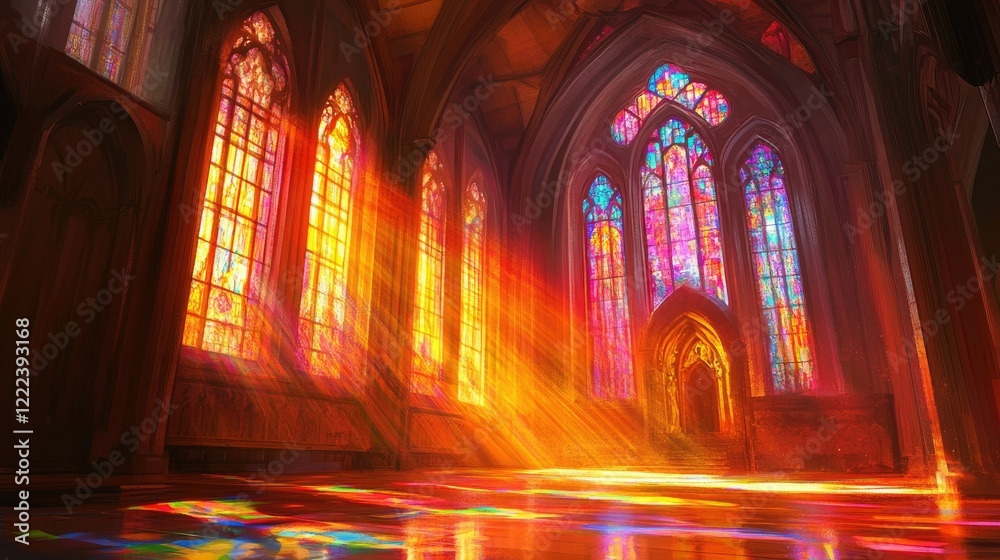 Obraz premium Radiant sunlight piercing through intricate stained-glass windows, illuminating a church interior with vivid hues