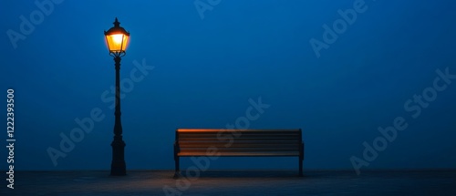 A solitary lamp flickers beside a bench against a twilight sky, imparting a sense of solitude and mystery.