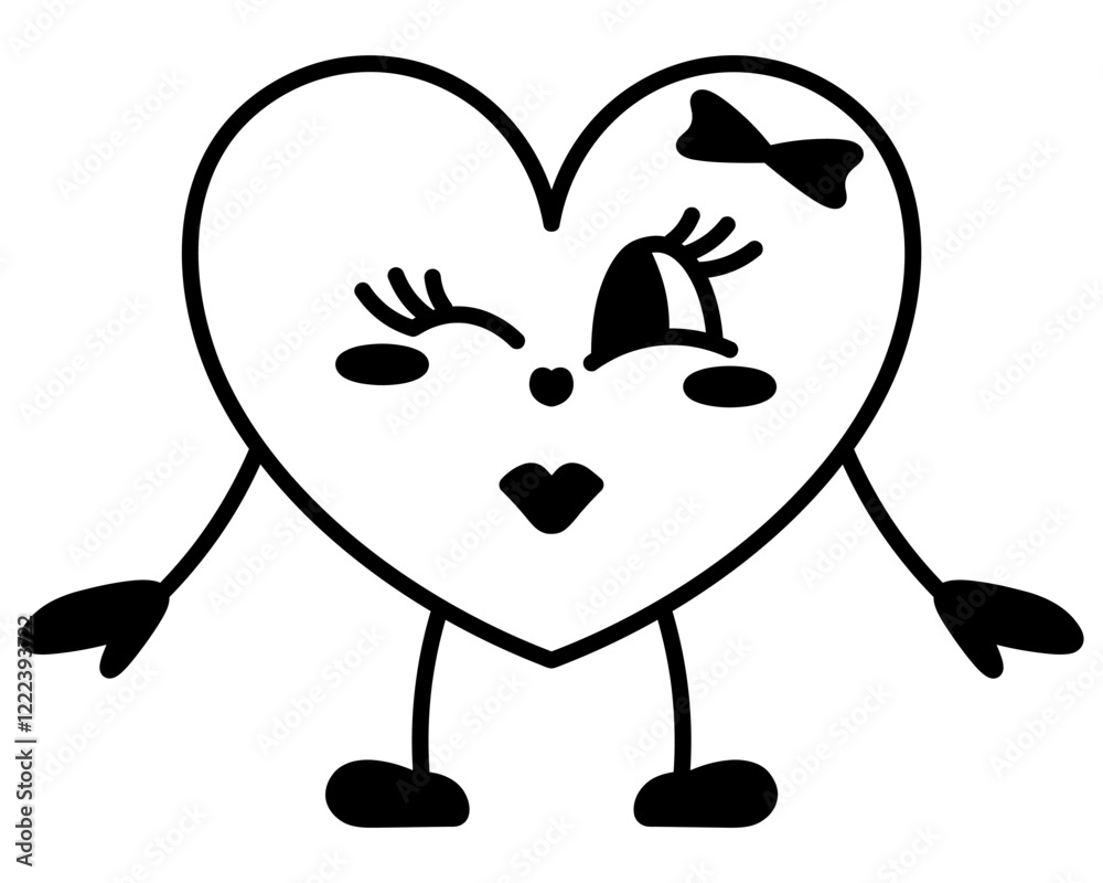 Obraz premium Heart character. Young girl in love symbol shape winks and sends a kiss. Smile on face, bow decoration, eyelashes, air kiss, arms out to the sides. Sketch. Vector illustration. Doodle style. 