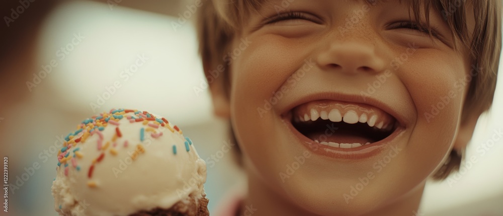 A joyful child with a broad smile enjoys an ice cream adorned with colorful sprinkles, capturing pure delight and childhood innocence. A joyful child with a broad smile enjoys an ice cream adorned with colorful sprinkles, capturing pure delight and childhood innocence.