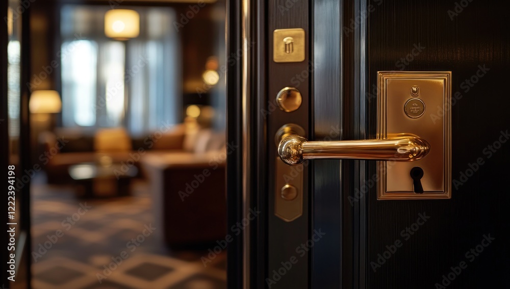 Obraz premium Luxurious Hotel Room Door with Golden Handle and Elegant Interior Glimpse