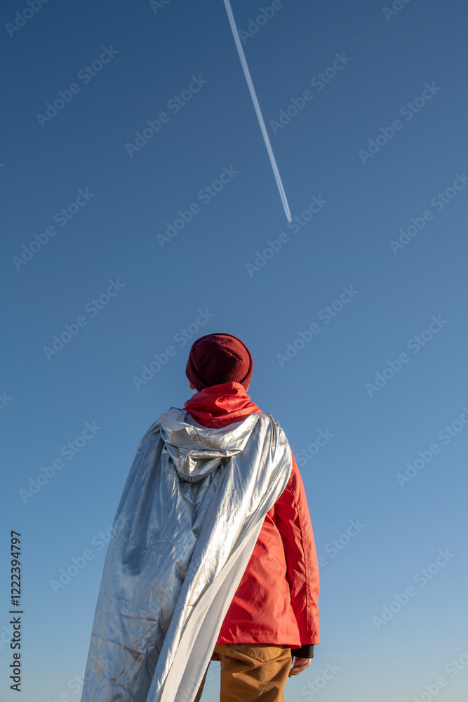 Rear view of boy dressed up as superhero looking at vapour trails in the sky Rear view of boy dressed up as superhero looking at vapour trails in the sky