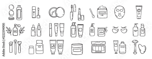make up beauty doodle hand drawn icon set. Outline drawing cosmetics line clipart symbol