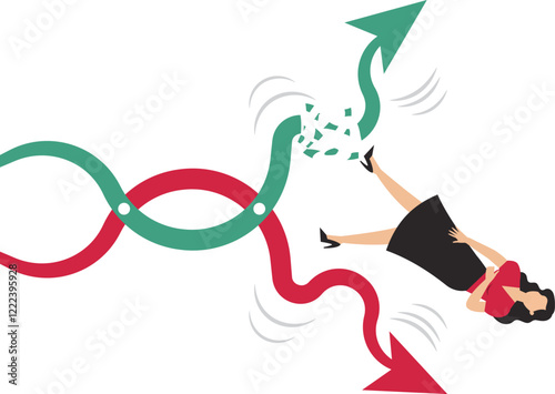 Investment mistakes cause businesswomen to lose their income and fall off the rising but falling chart