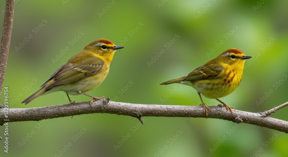 Pair of colorful songbirds perched on branch against lush green background Pair of colorful songbirds perched on branch against lush green background