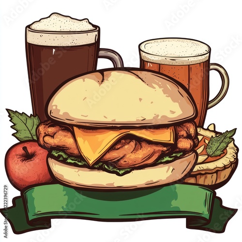 Cartoon illustration of food items, like a burger, drinks and apple.  Possible use Food illustration for restaurant menu or a website about food photo