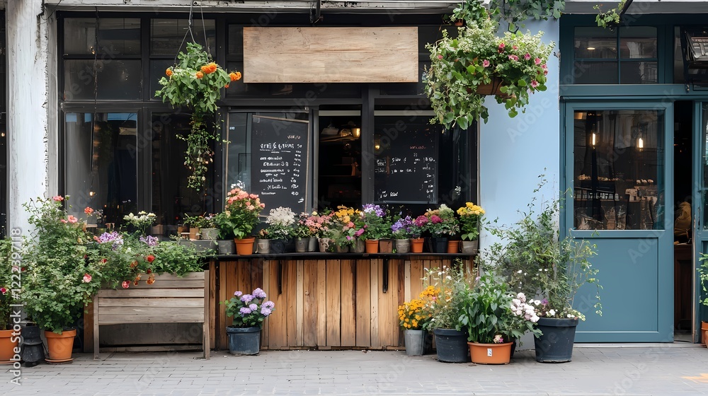 Naklejka premium Charming Flower Shop Display with Colorful Blooms and Greenery