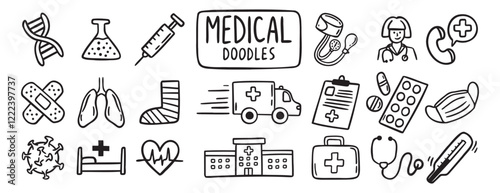 medical health care doodle hand drawn icon set. Outline drawing medical health care items line clipart symbol collection. Outline drawing line clipart symbol collection