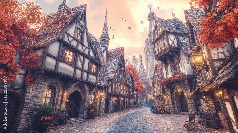 Fototapeta premium Autumnal Medieval Village Street Scene at Sunset