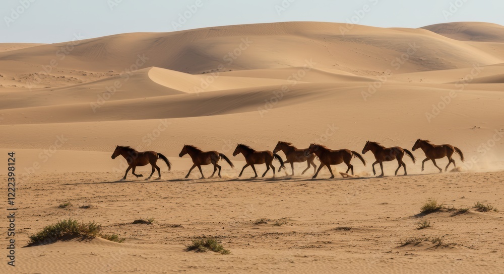 Wild horses running across desert landscape with golden sand dunes under blue sky Wild horses running across desert landscape with golden sand dunes under blue sky