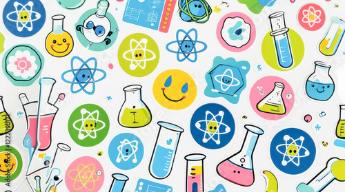 A bright science fair sticker sheet featuring cute cartoon illustrations of lab equipment, science symbols and fun icons.