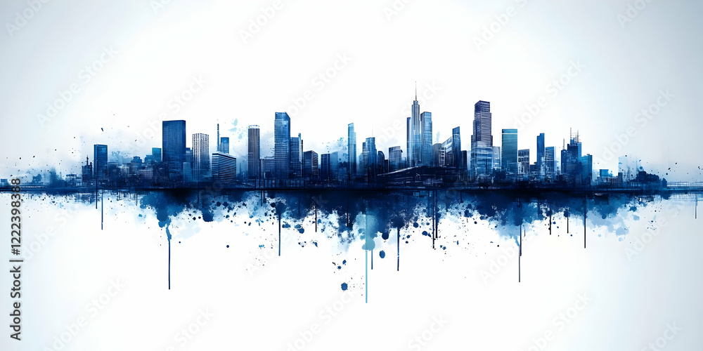 Naklejka premium Blue Cityscape Watercolor Skyline Print