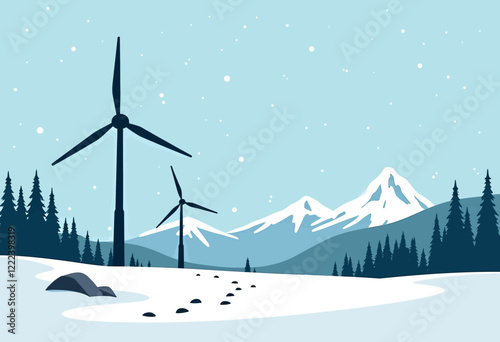 Flat Design Wind Turbine, Snow Scene, Simple Style, Isolated on White, Minimalist Illustration, Winter Graphic, Clean Energy, Basic Shapes, Vector Art
