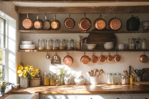 a sun-drenched farmhouse kitchen with copper pots hanging from rough-hewn wooden beams, mason jars catching morning light on open shelving