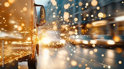 Logistic concept. A blurred truck driving through a city, surrounded by sparkling lights and motion effects.