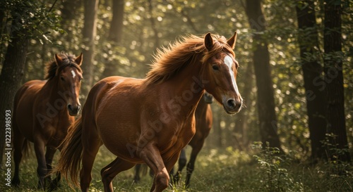 Majestic horses galloping through sunlit forest in autumn serenity