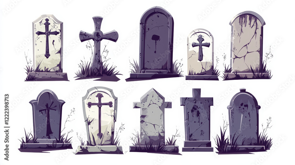 Fototapeta premium Halloween grave headstone cartoon illustration. Vector old tombstone with christianity cross and crack texture. Isolated blank gothic plate icon set. Burial rip pedestal. Antique spooky crypt sign