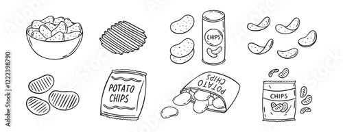 Potato chips doodle hand drawn icon set. Outline drawing crispy snack line clipart symbol