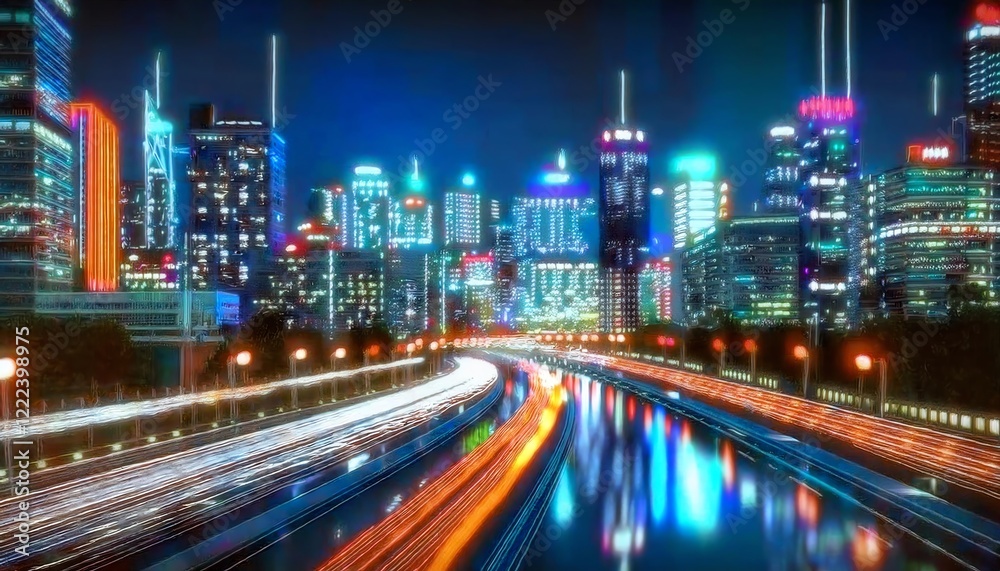 A vibrant city skyline illuminated at night, featuring tall buildings, colorful lights, and a flowing river with light trails from moving vehicles. A vibrant city skyline illuminated at night, featuring tall buildings, colorful lights, and a flowing river with light trails from moving vehicles.