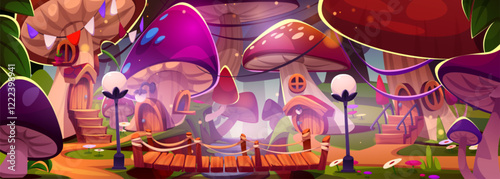 Fairytale gnome village in forest. Vector cartoon illustration of mushroom houses, wooden bridge and lanterns, flowers on green grass in fantasy woods, magic elf town, enchanted scenery, game design