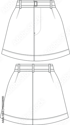 mid high rise waist belted a line mini jean denim skirt template technical drawing flat sketch cad mockup fashion woman design style model 
