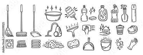 Cleaning kit equipment doodle hand drawn icon set. Outline drawing cleaning inventory, clean tools wash, bucket and mop, spray bottle with detergent cleaner line clipart symbol collection