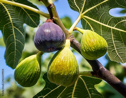 Figs fruit (Ficus carica) on tree branch with lush green leaves and ripe fruit in a peaceful garden setting  photo