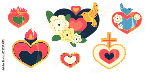 Mexican decorative heart set with hummingbird, blossoms and flaming tops. Sacred religious symbols adorned by crosses, birds and flowers. Folk art elements for romantic holiday card or cultural design