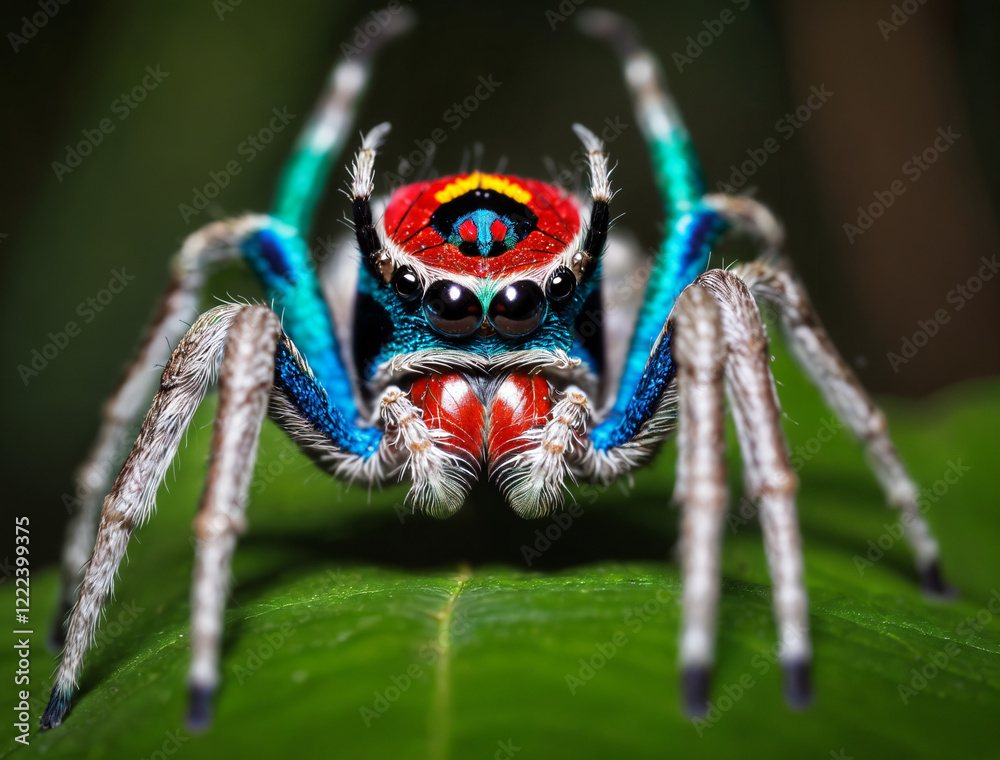 Fototapeta premium A mesmerizing peacock spider perched on a vibrant leaf
