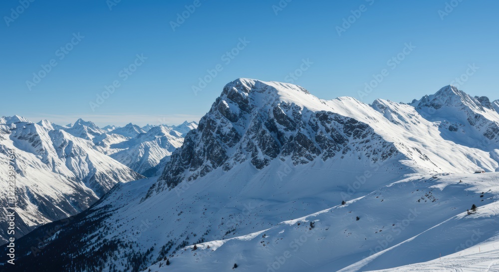 Fototapeta premium Majestic snow-covered mountain peaks under clear blue sky in winter wonderland scene
