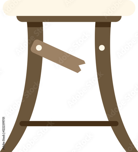 Simple vector illustration of a broken wooden stool with a ripped label hanging on, isolated on a white background